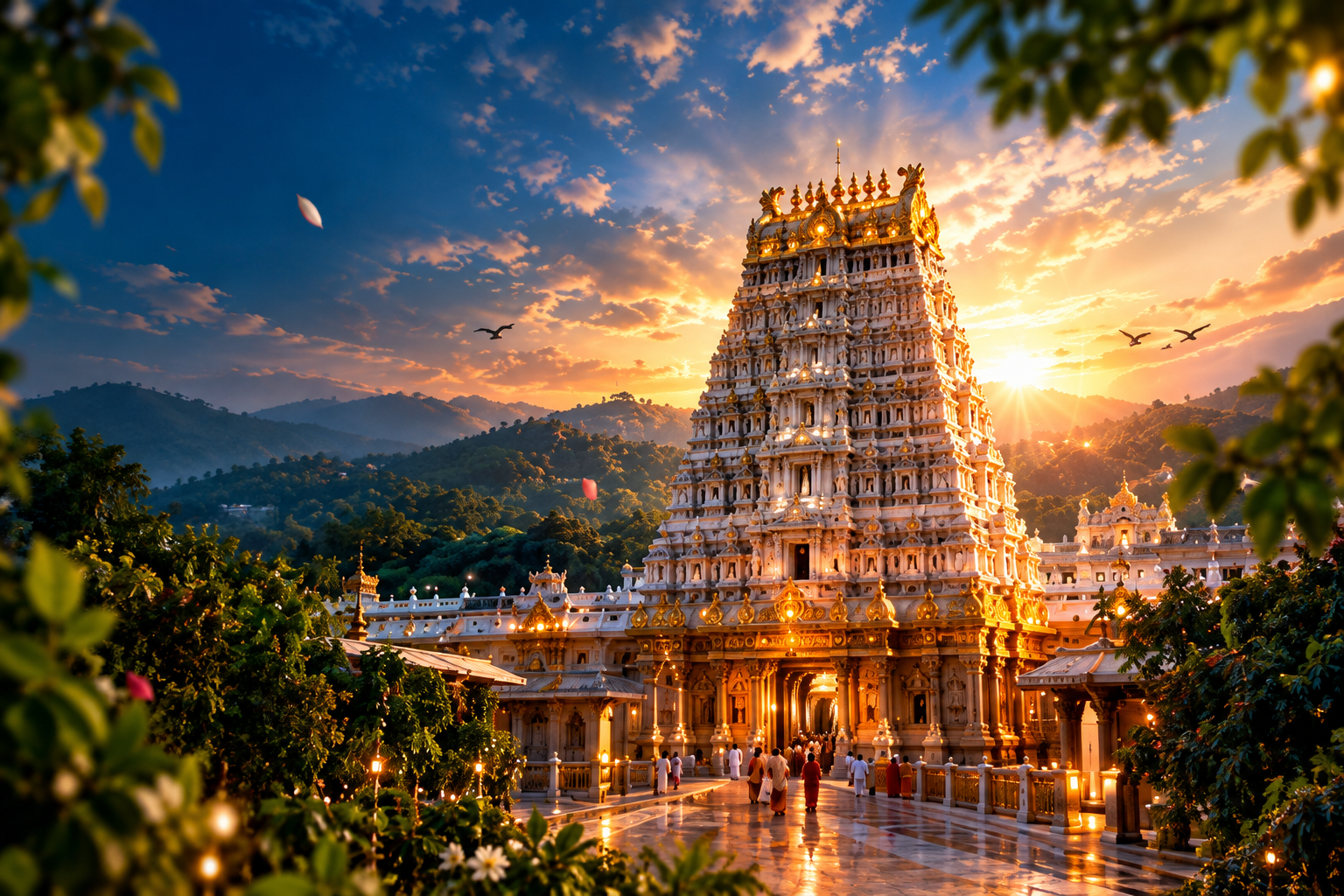 Tirumala temple gopuram at golden sunrise