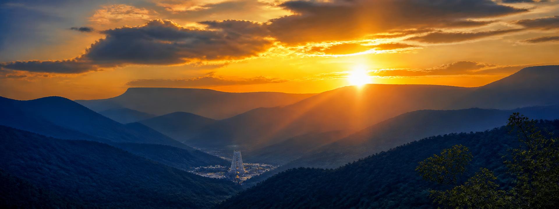 Golden sunset over the Tirumala hills